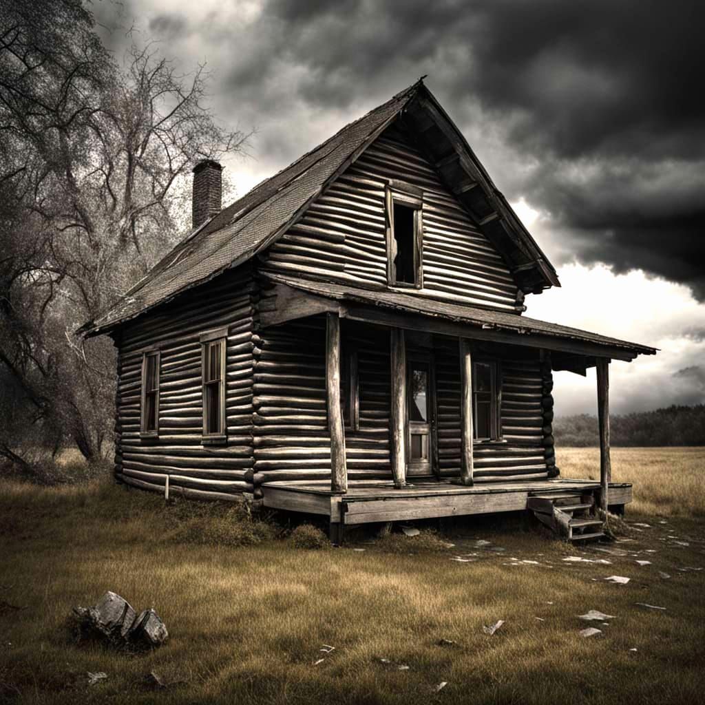 Weathered Log Cabin Under Stormy Sky With Faded Photos