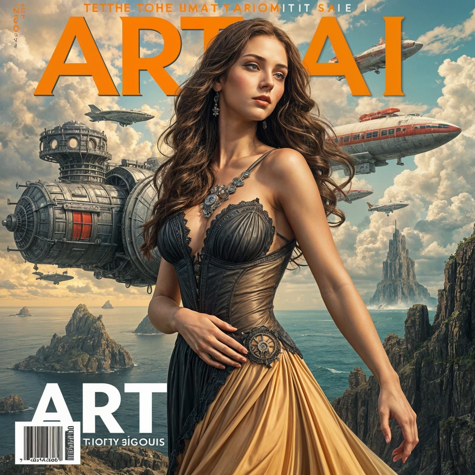 Art AI Magazine Cover with Gothic Engine and Airships