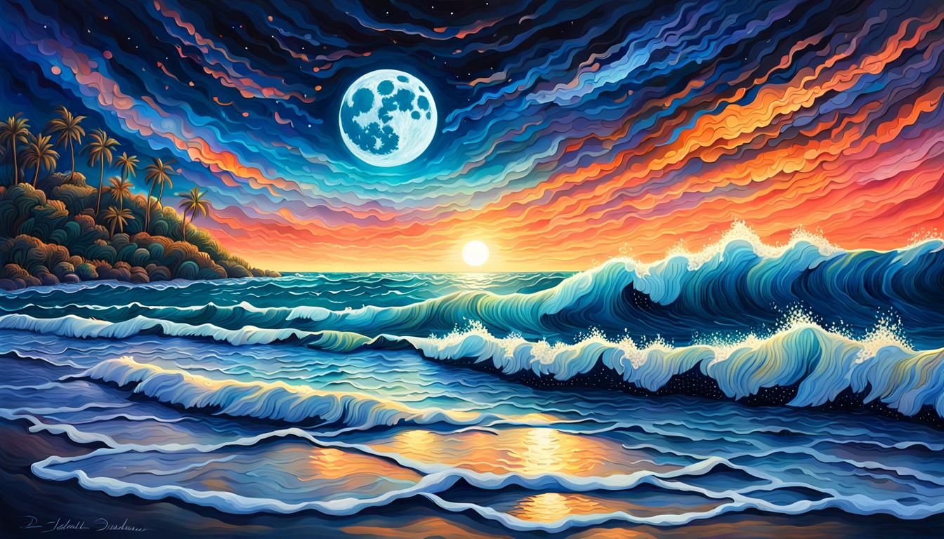 Moonlit Ocean Waves Dance Under Starry Sky