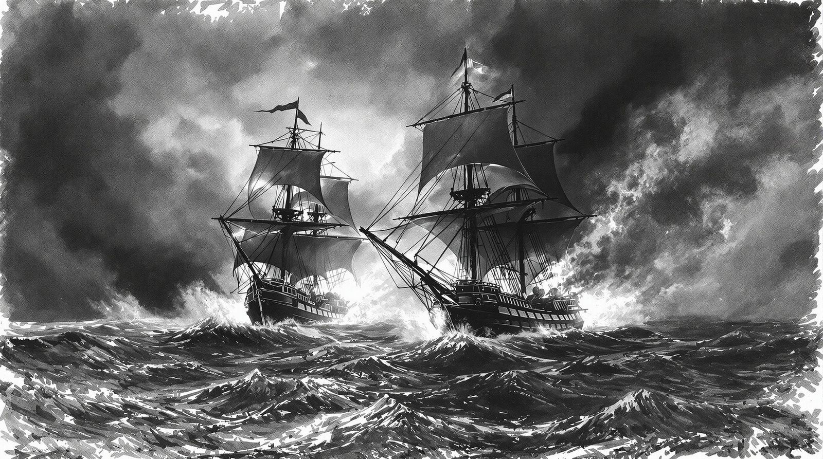 Stormy Naval Battle Charcoal Sketch