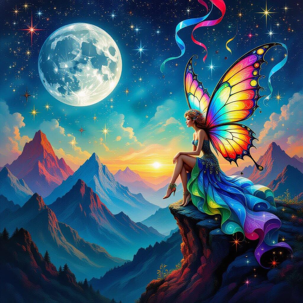 Surreal Mountain Landscape with Glasswork Sky and Fairy