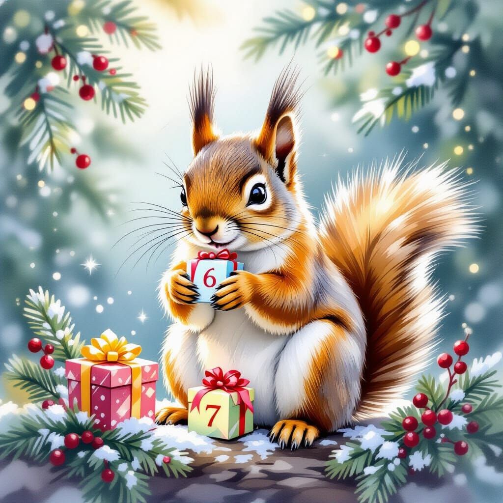 Charming Squirrel Ponders Gifts in Watercolor Style