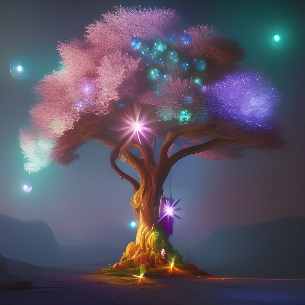 Magical Tree Surrounded by Glowing Crystals