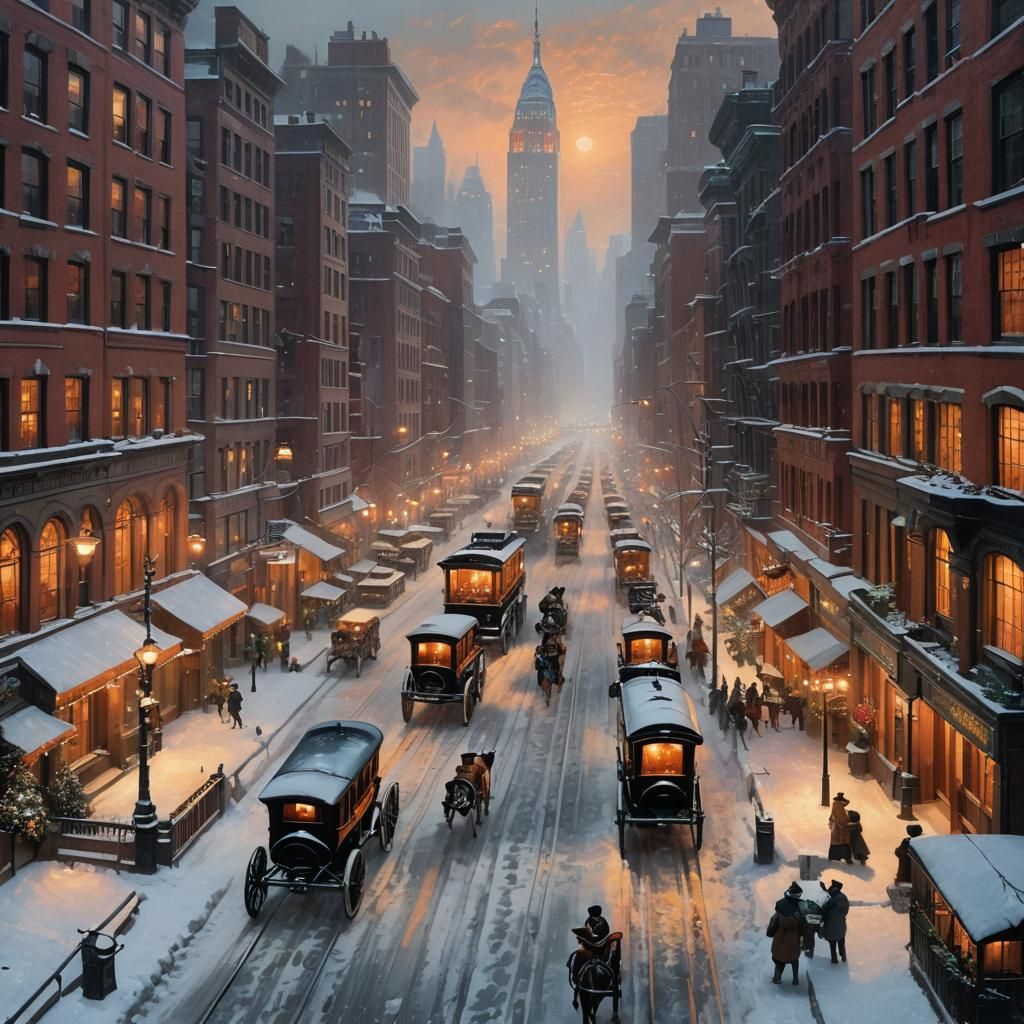 1920s New York Winter Cityscape at Dusk