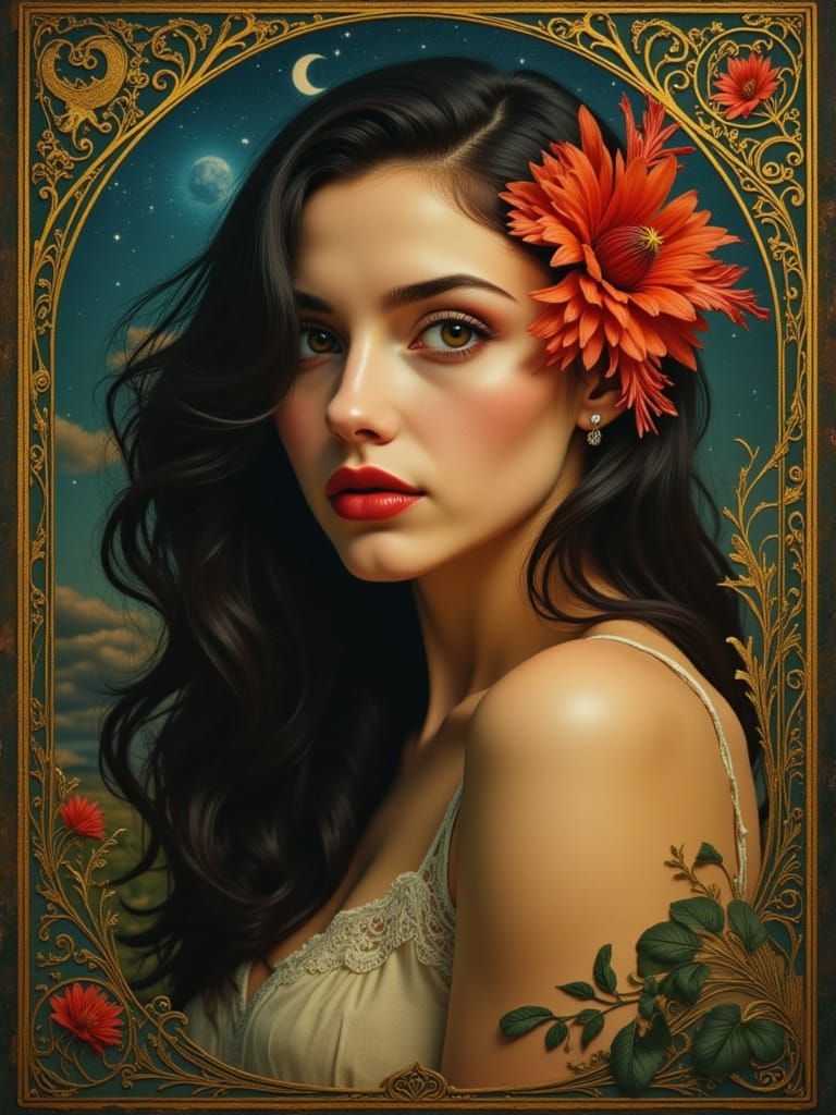 Cosmic Woman Portrait in Art Nouveau Style