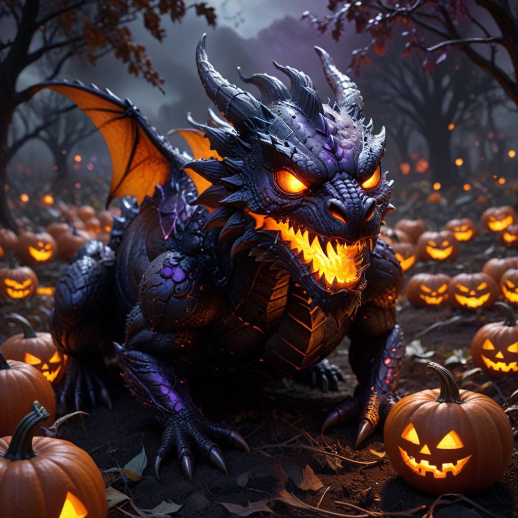 Dragon Emerges from Pumpkin Patch with Obsidian Scales