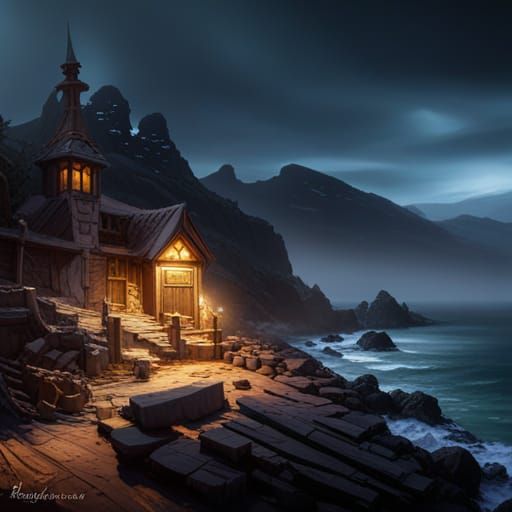 Dramatic Rocky Shorelines in Dark Fantasy Style