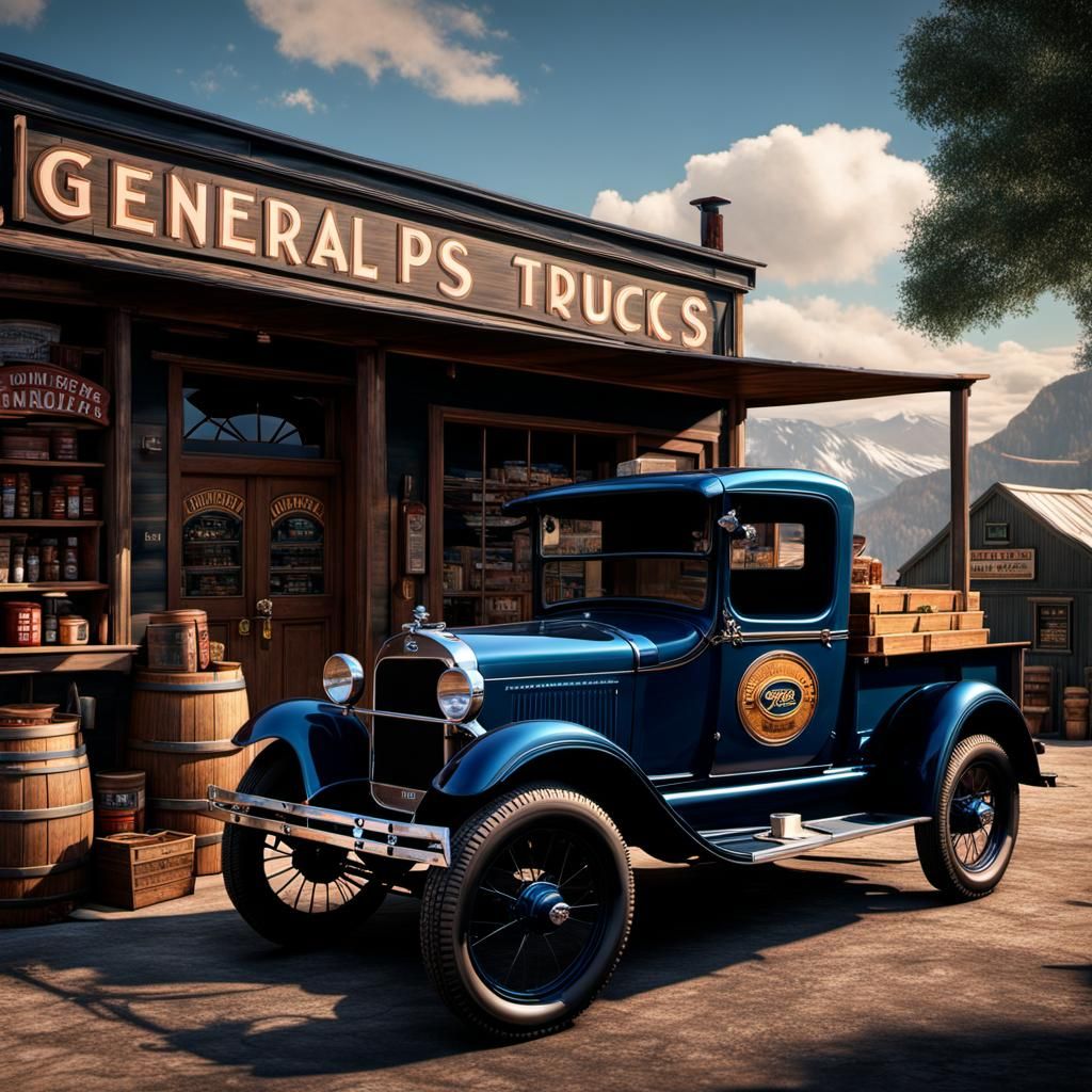 1928 Ford Pickup parked in front of a general store