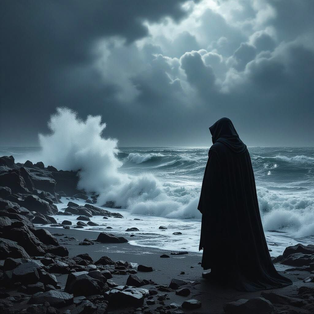 Mysterious Cloaked Figure on Stormy Shore