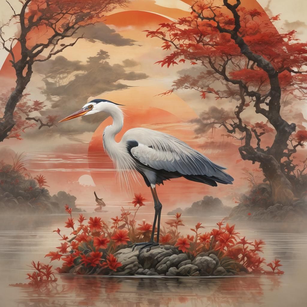 Majestic Heron in East Asian Fantasy Landscape