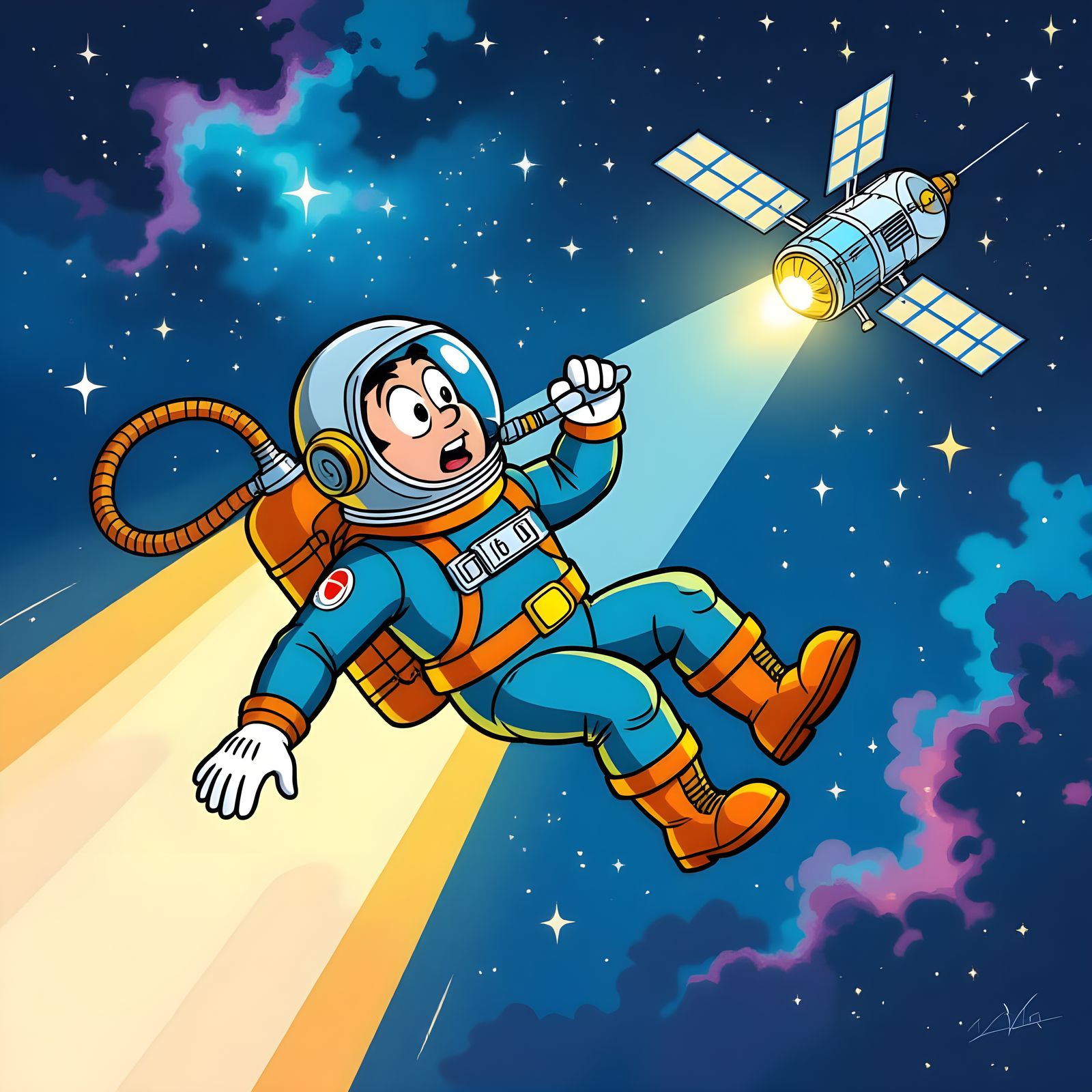 Man Floats to Space with Helium Tank in Comedic Cartoon Styl...