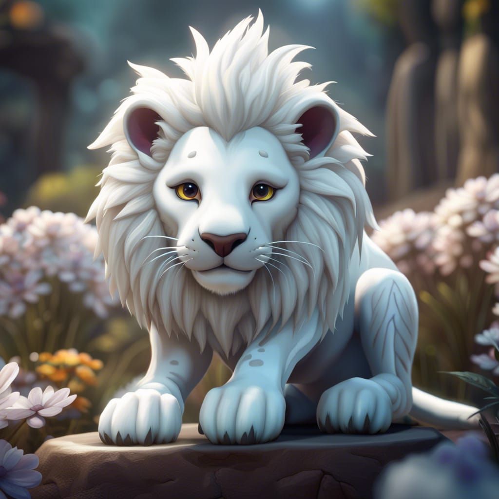 Cute White Lion Character in Detailed Digital Painting