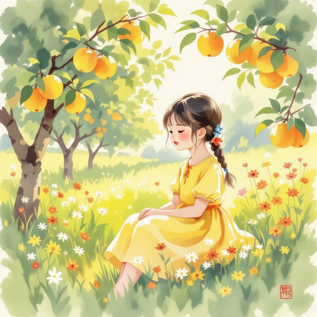 Chinese Girl in Yellow Apple Grove Watercolor Style