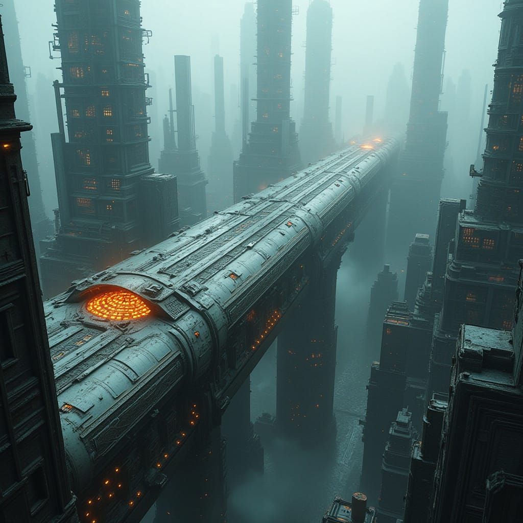 Futuristic Cityscape of Endless Megastructures in Misty Atmo...