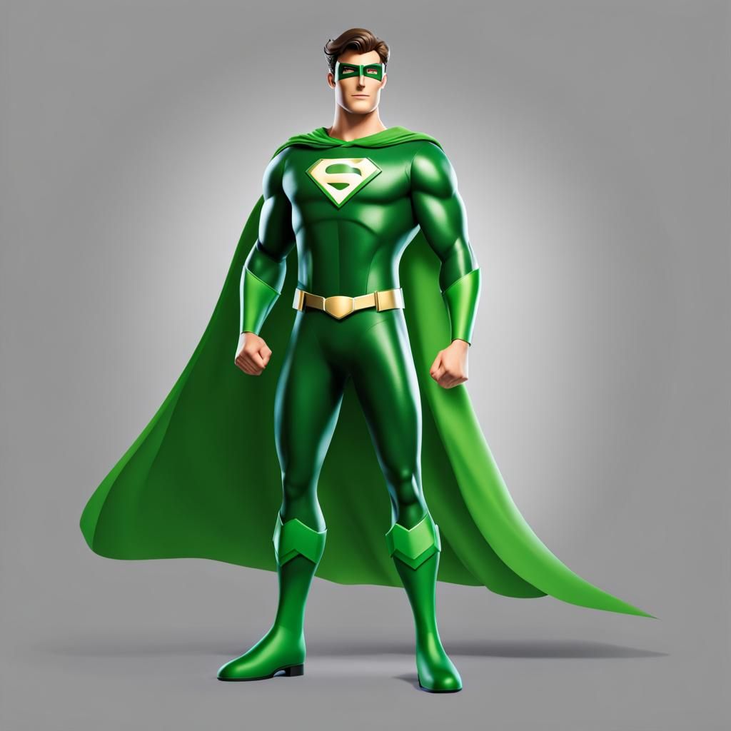 Tall Green-Suited Superhero with Green Eyes