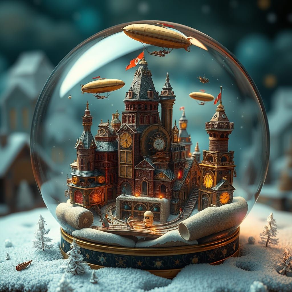 Steampunk City in a Snow Globe: A Whimsical Digital Painting