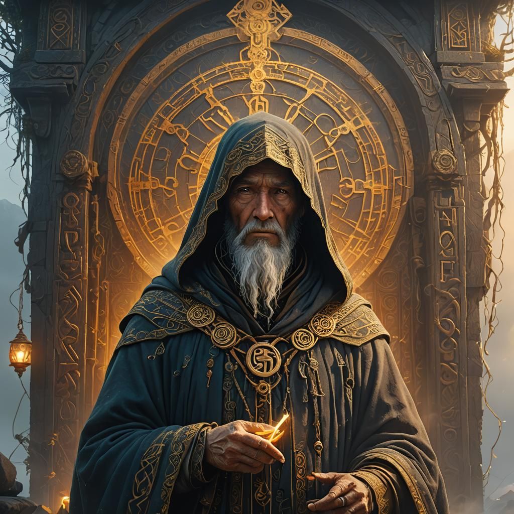 Mystic Amidst Ancient Runes in Ethereal Mist