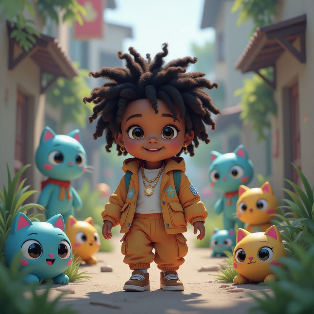 Nubian Child in Urban Jungle with Cartoon Elements