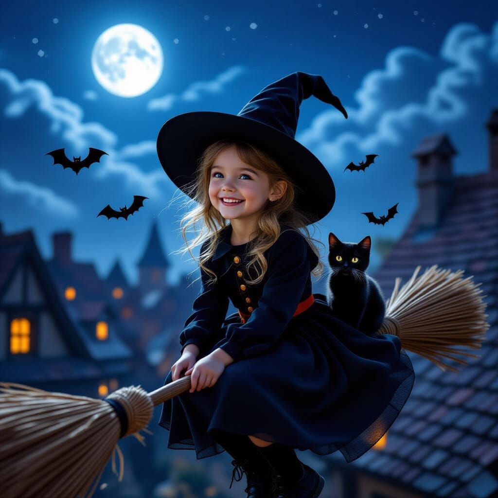 Witch Girl Flying Broomstick Over Medieval Village