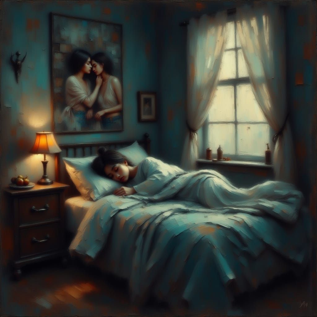 Sleepy Teenager in Cozy Room as Oil Painting