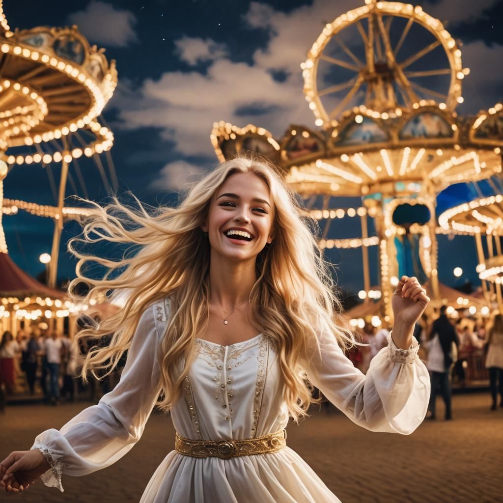 Happy Girl Dancing at Night with Carousel