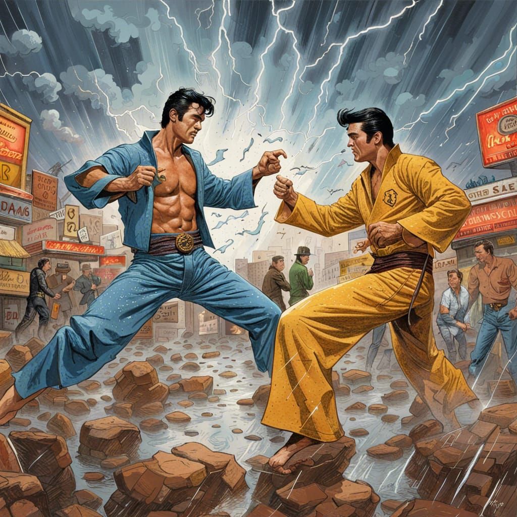 Rock Hudson and Elvis Presley kung fu fighting in Las Vegas