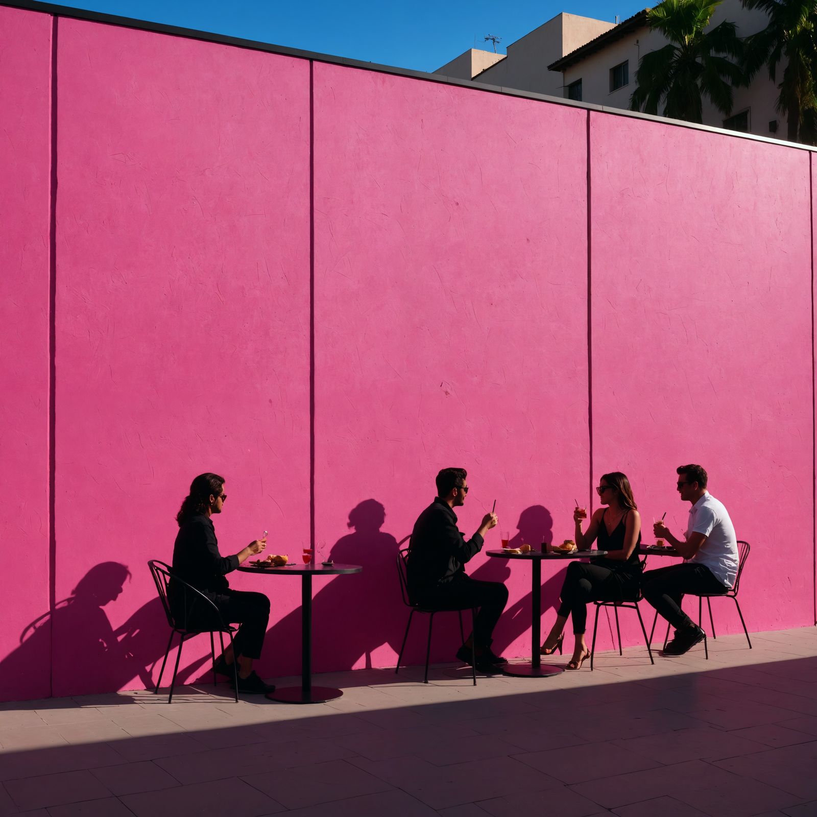 Neon Pink Wall with Cafe Silhouette Shadows