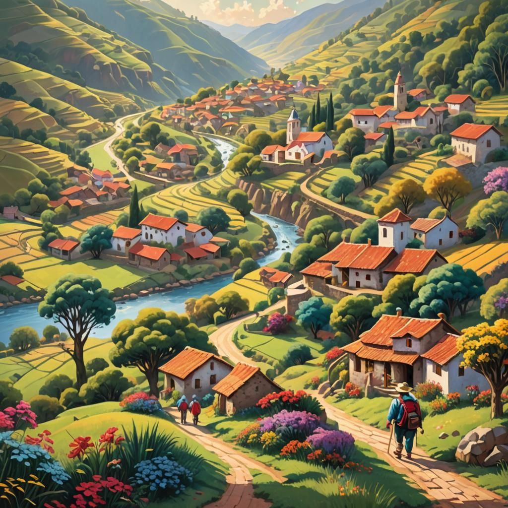 Vibrant Colombian Village Folk Art Illustration