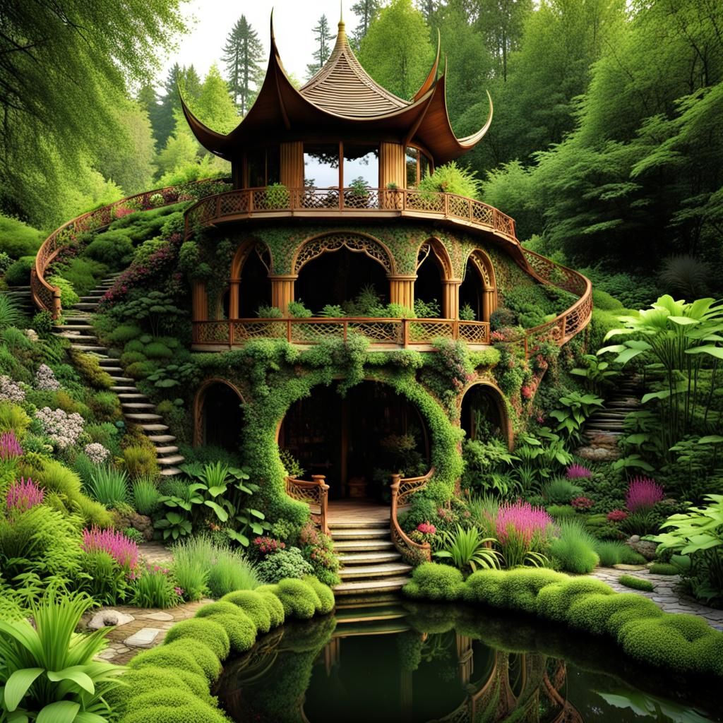 Enchanting Tea House Built Into Hillside, Impasto Painting