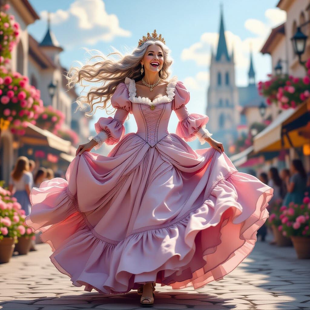 Queen in Pink Gown Runs Through Fantasy Marketplace