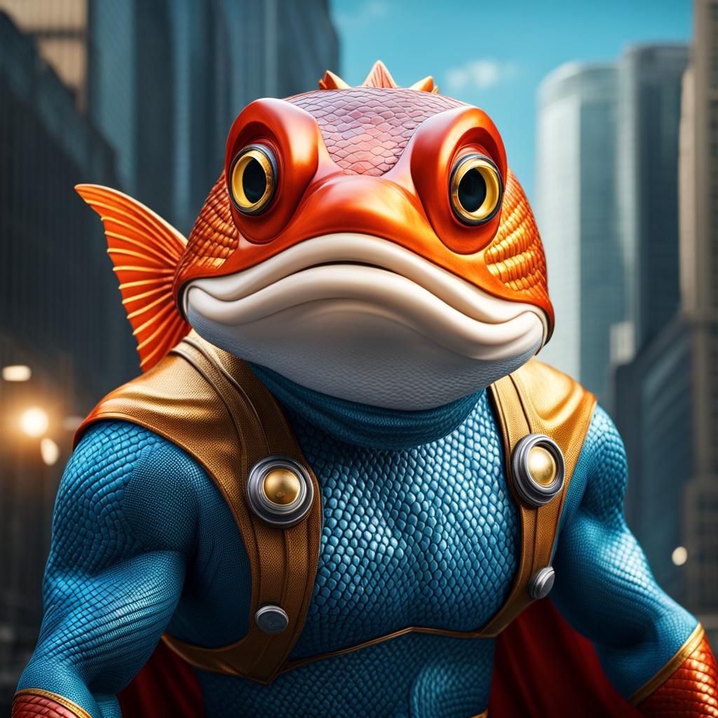 Photorealistic Fish Superhero in Action Scene