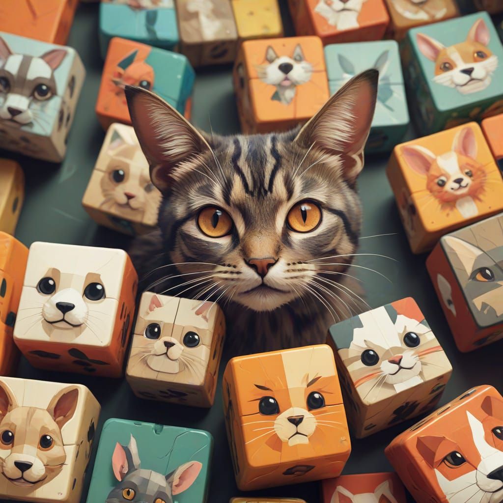 Whimsical Low-Poly Rubik's Cube Animal Faces Concept