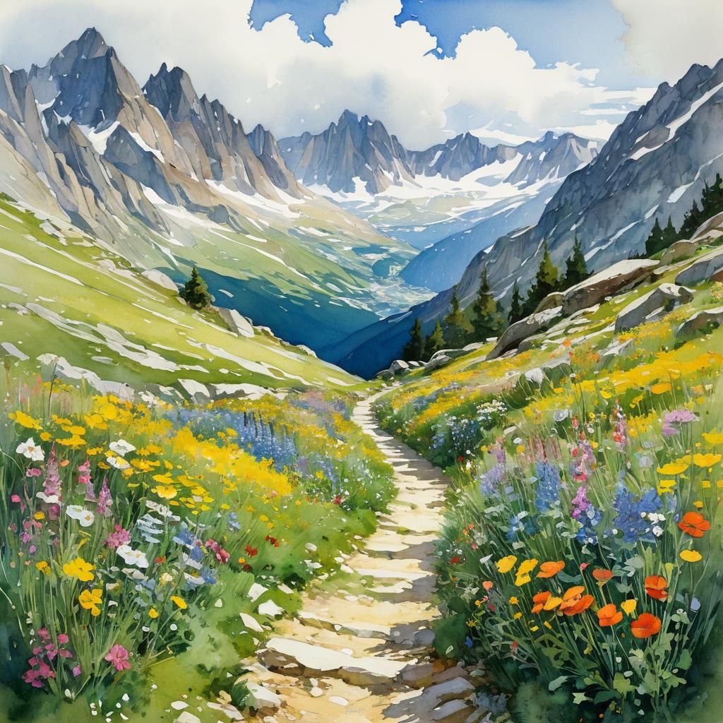Alpine Mountain Path in Detailed Watercolor Style