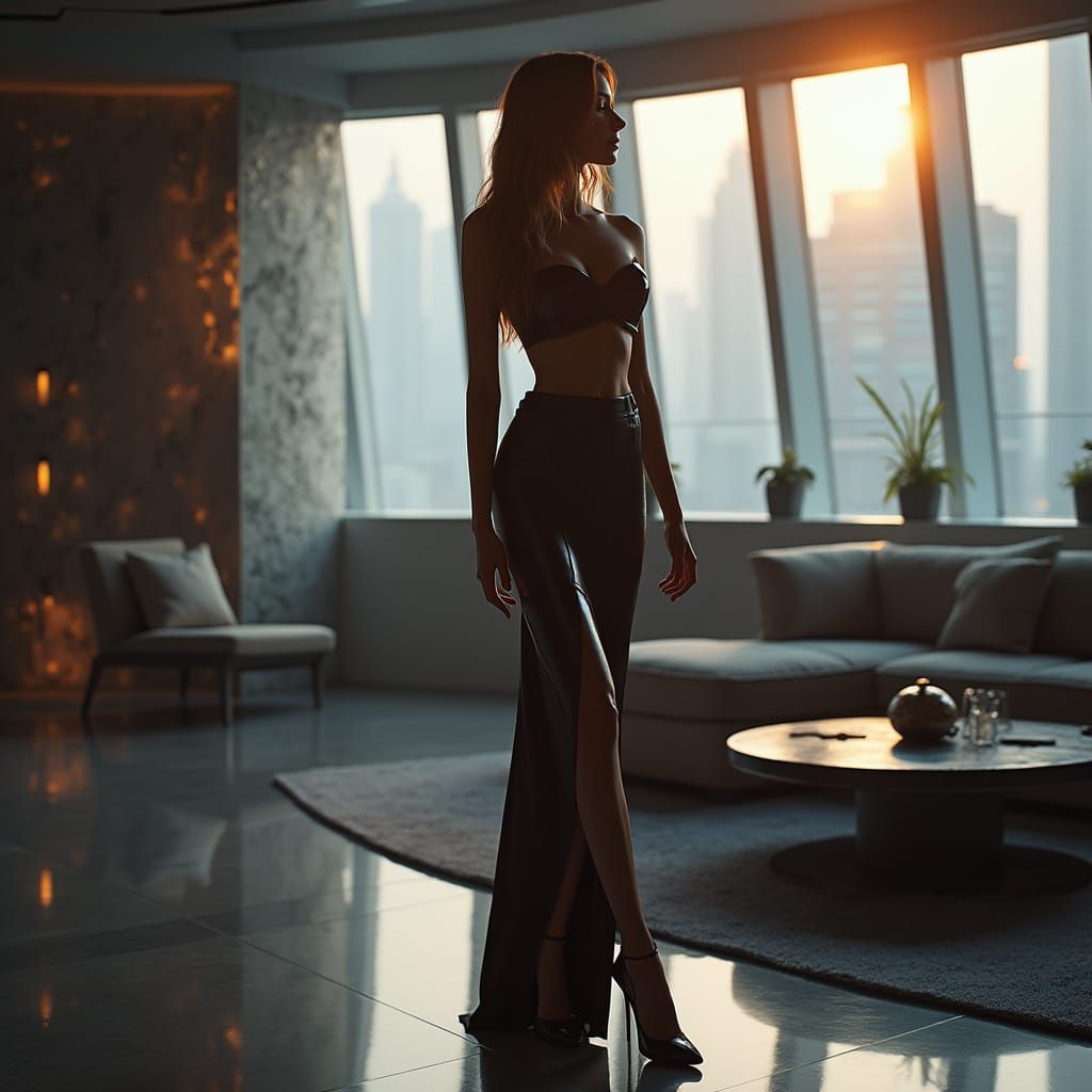 beautiful slender babe in upscale futuristic sci-fi apartment dressed to the nines