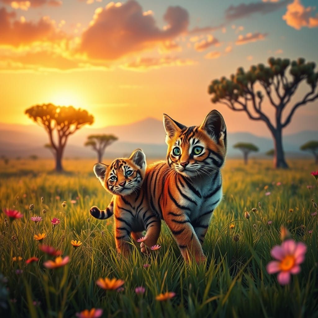 Surreal Savannah Sunset with Tiger Cub and Tabby Cat in Vibr...