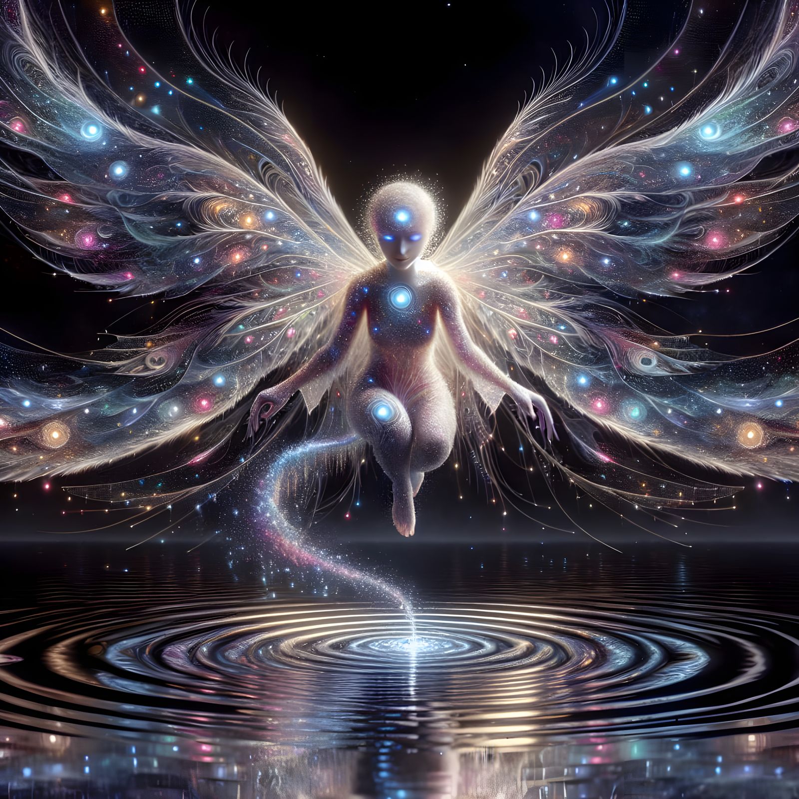 Ethereal Goddess Aetherwing Soars Above Reflective Pond