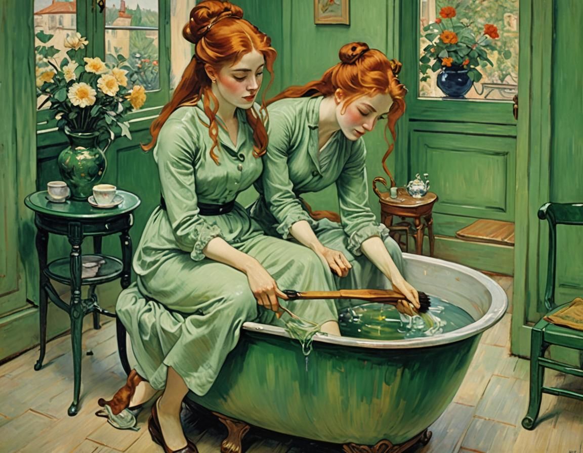 Redhead Woman in Green Tone, Toulouse-Lautrec Style