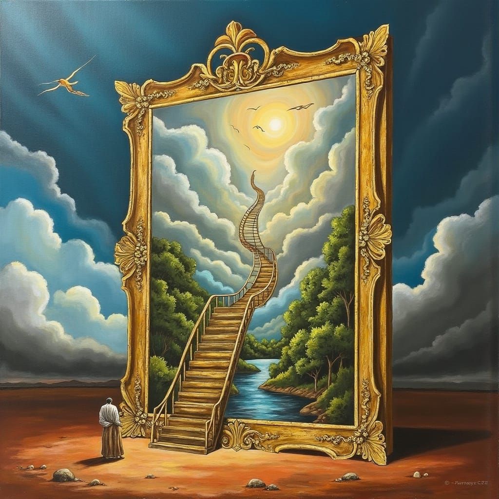 Baroque Mirror Reflects Vibrant Heaven in Deserted Landscape