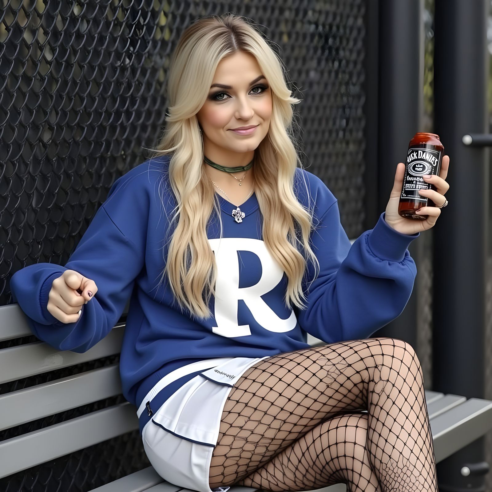 Goth Cheerleader Sits Relaxed in Dark Outdoor Setting