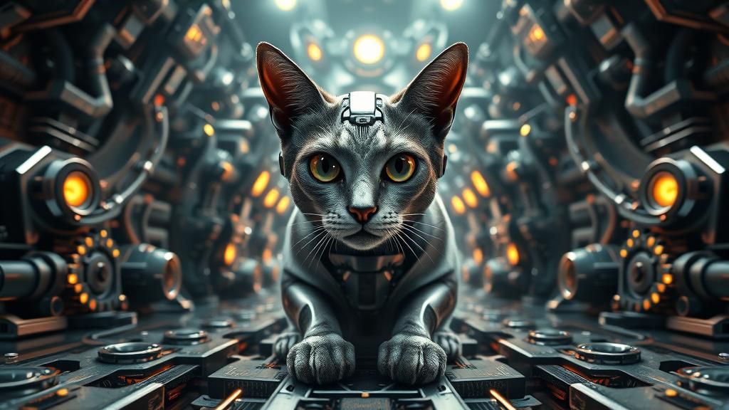 Surreal Fantasy Cat with Intricate Mech Details
