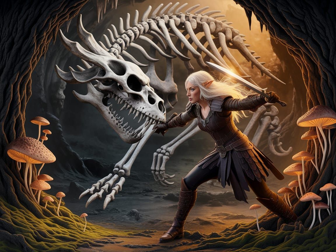 Elf Warrior Slaying Bone Dragon in Grotto