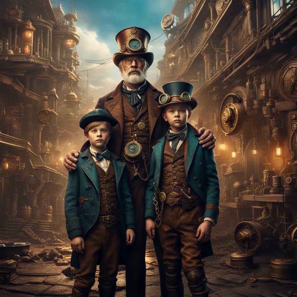 Steampunk Father and Son Portrait in Detailed Matte Painting