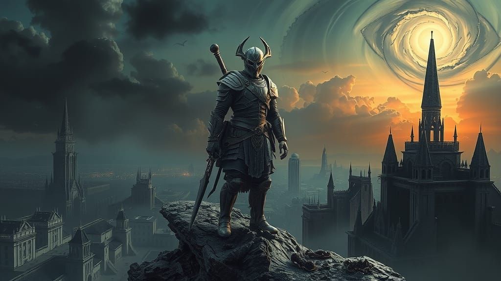 Warrior on Crumbling Spire in Dark Fantasy Style