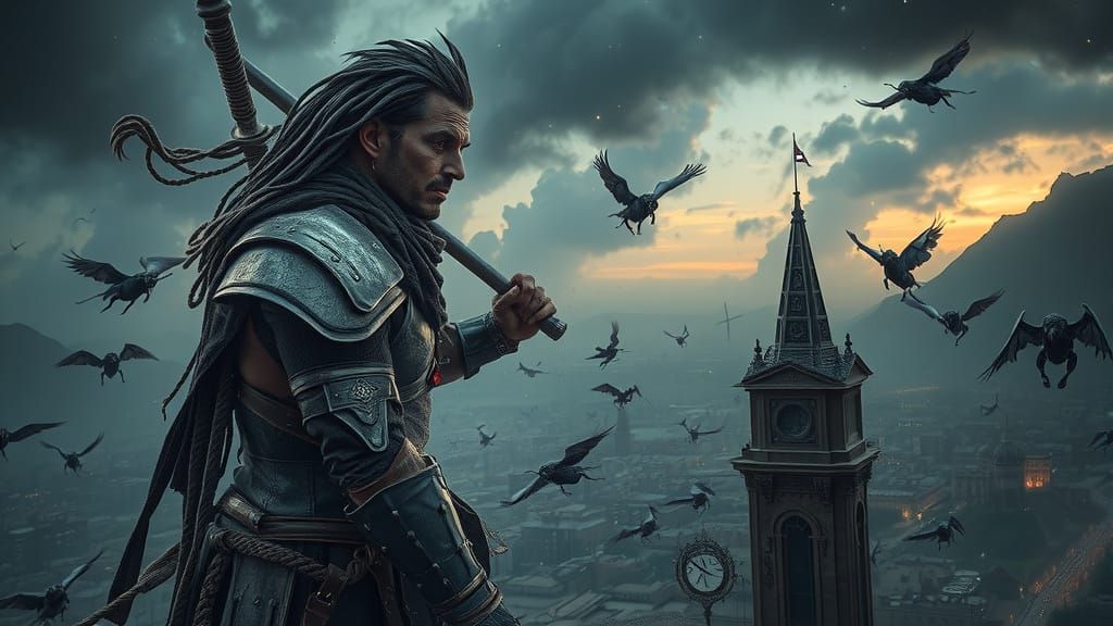 Cybernetic Warrior Amidst Desolate Cityscape