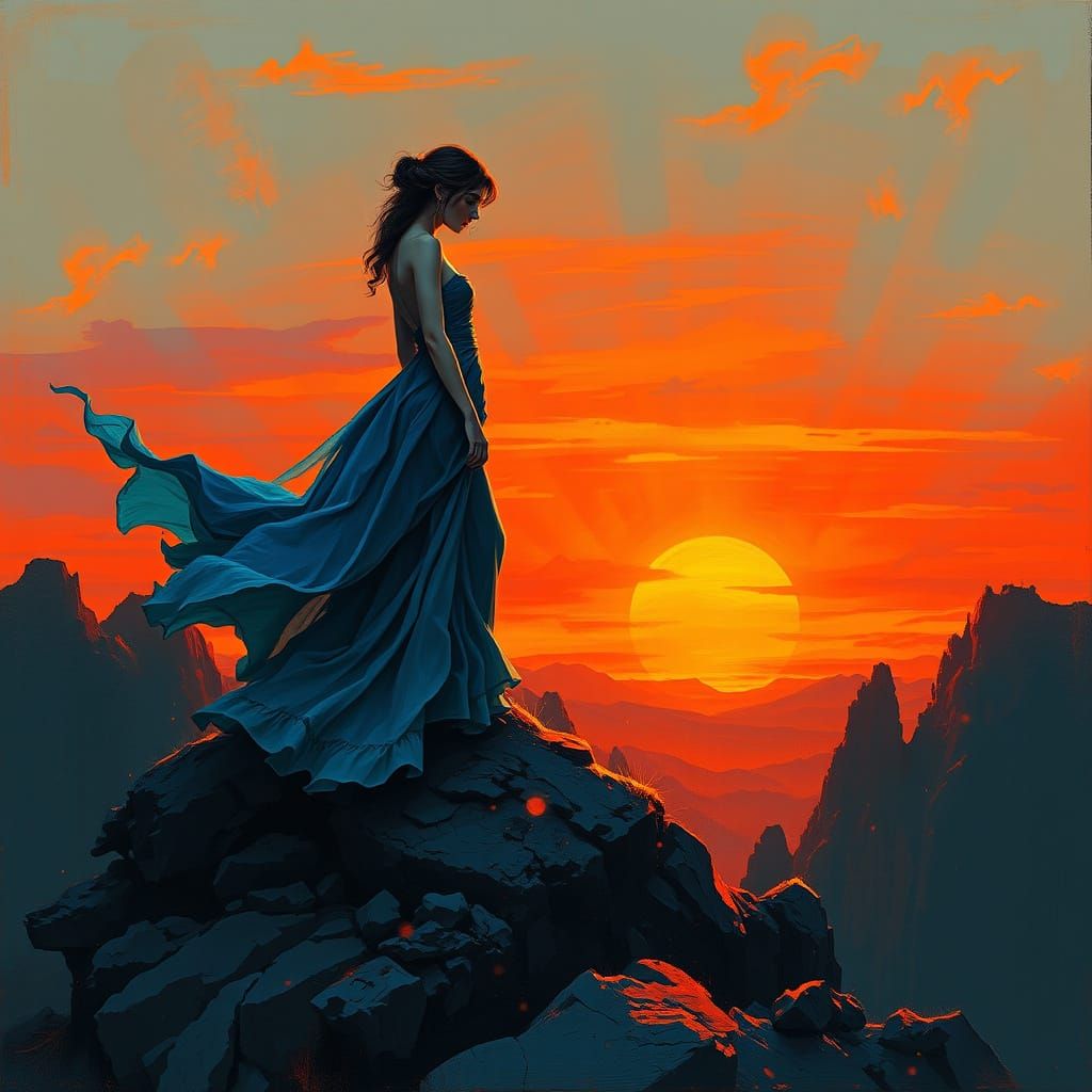 Serene Woman Silhouetted Against Blood-Orange Sunset in a Ha...
