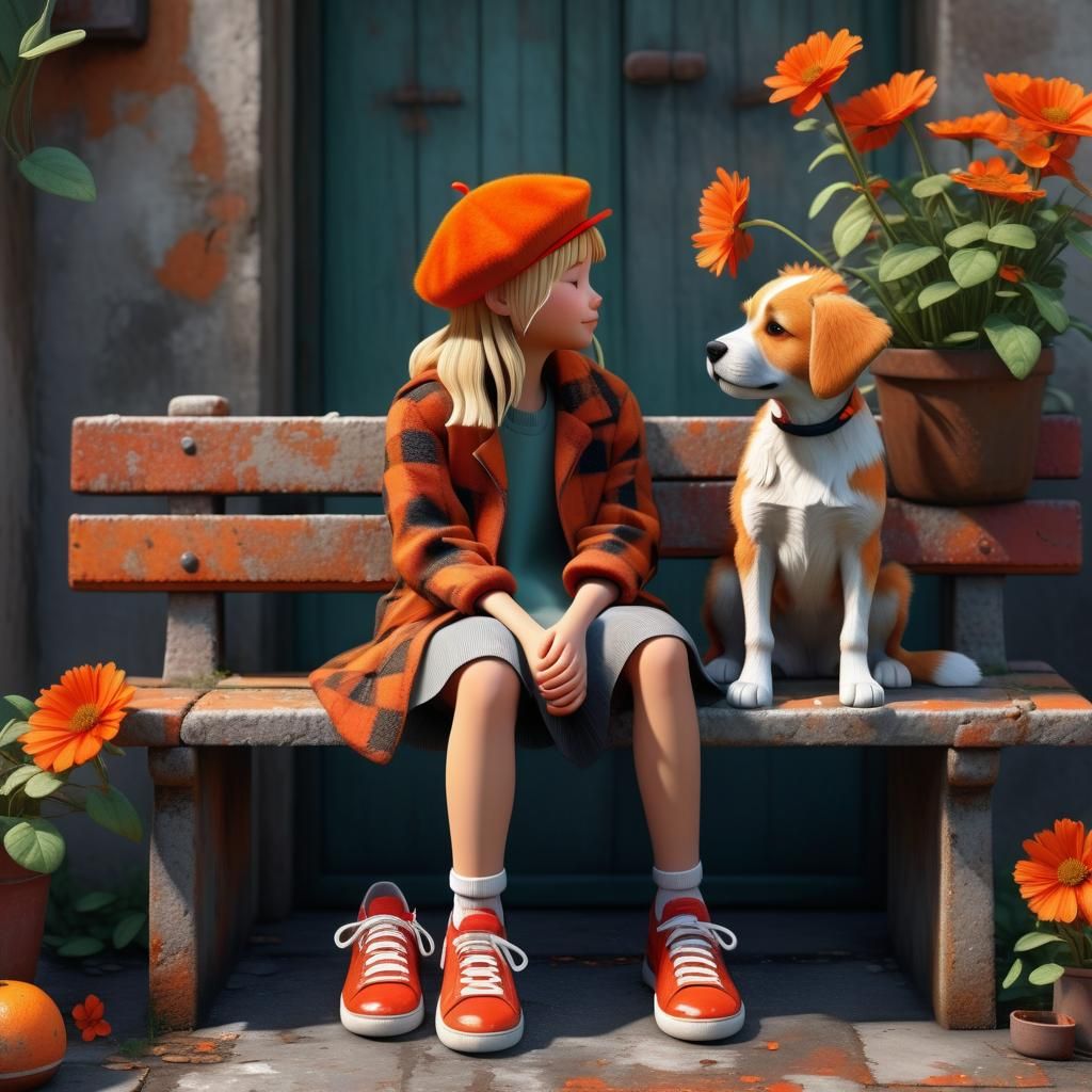 little thin girl with messy blond hair, a little orange beret, Red and orange checkered coat, red sneakers, sitting on a...
