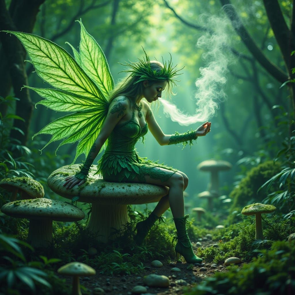 Cannabis Fairy on Mushroom Amidst Smoke