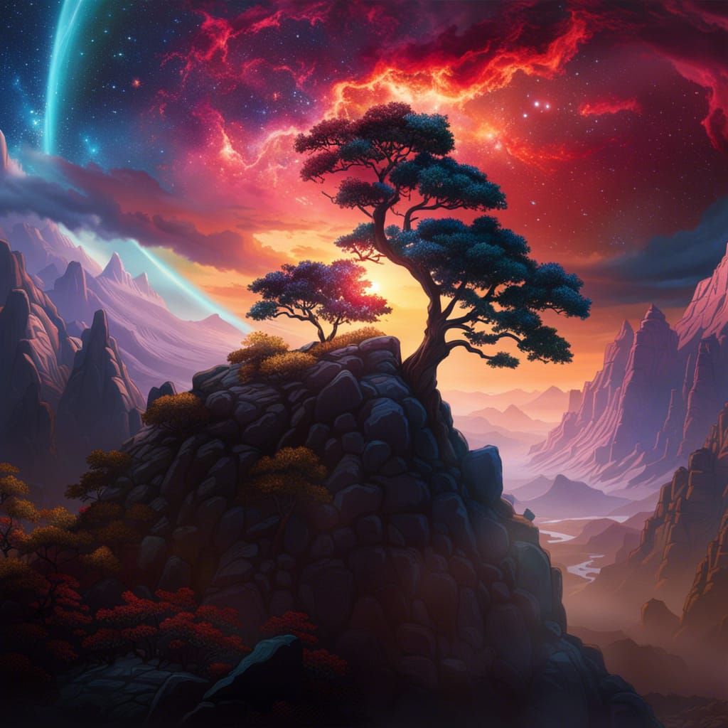 Bonsai Tree Overlooking Mountains: Digital Matte Painting