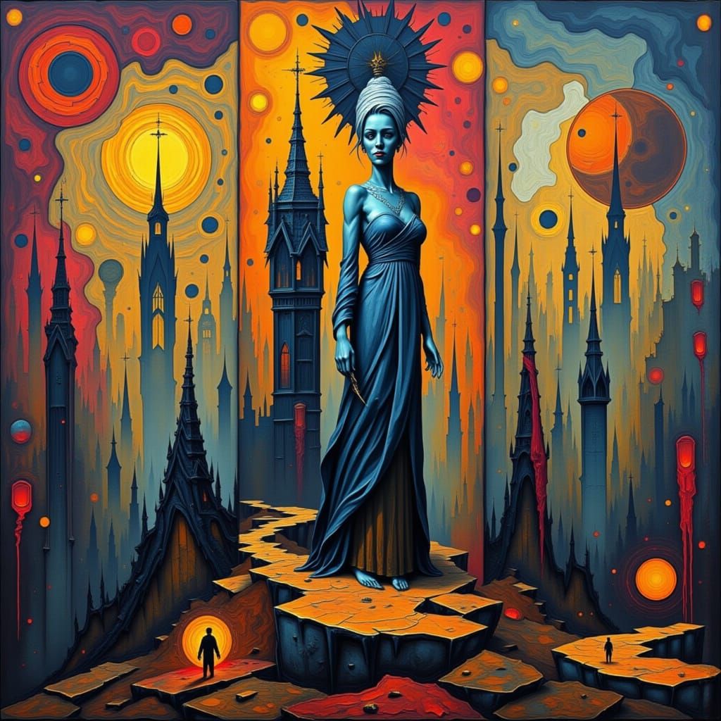 Surreal Impasto Triptych in Deco Style