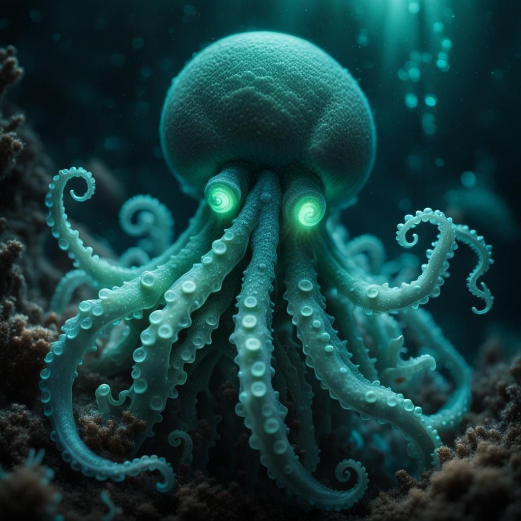 Bioluminescent Kraken Spores in a Mystical Underwater World